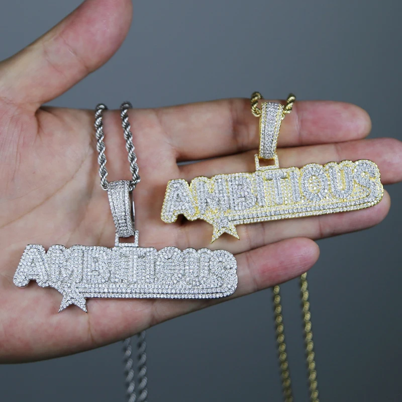 2024 Top Quality Rock Hip Hop Jewelry 5A Cubic Zirconia Paved Gold Color Ambitious Letter Pendant Necklaces Jewelry For Men Boy