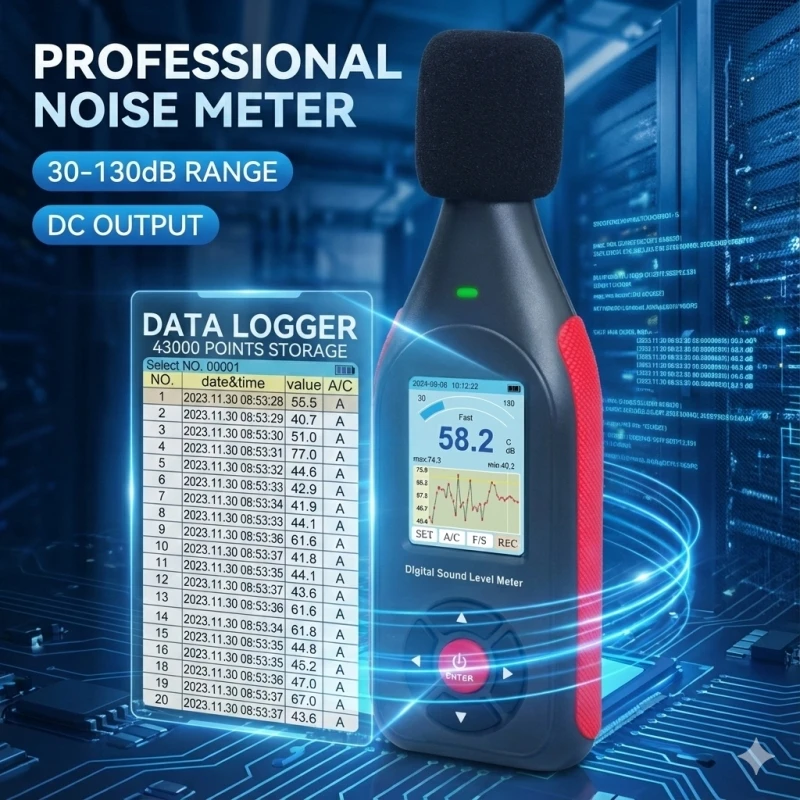 

GA Noise Meter Data Logger 43000 Points Storage Professional Sound Level Meter 30-130dB Range with DC Output for Industrial