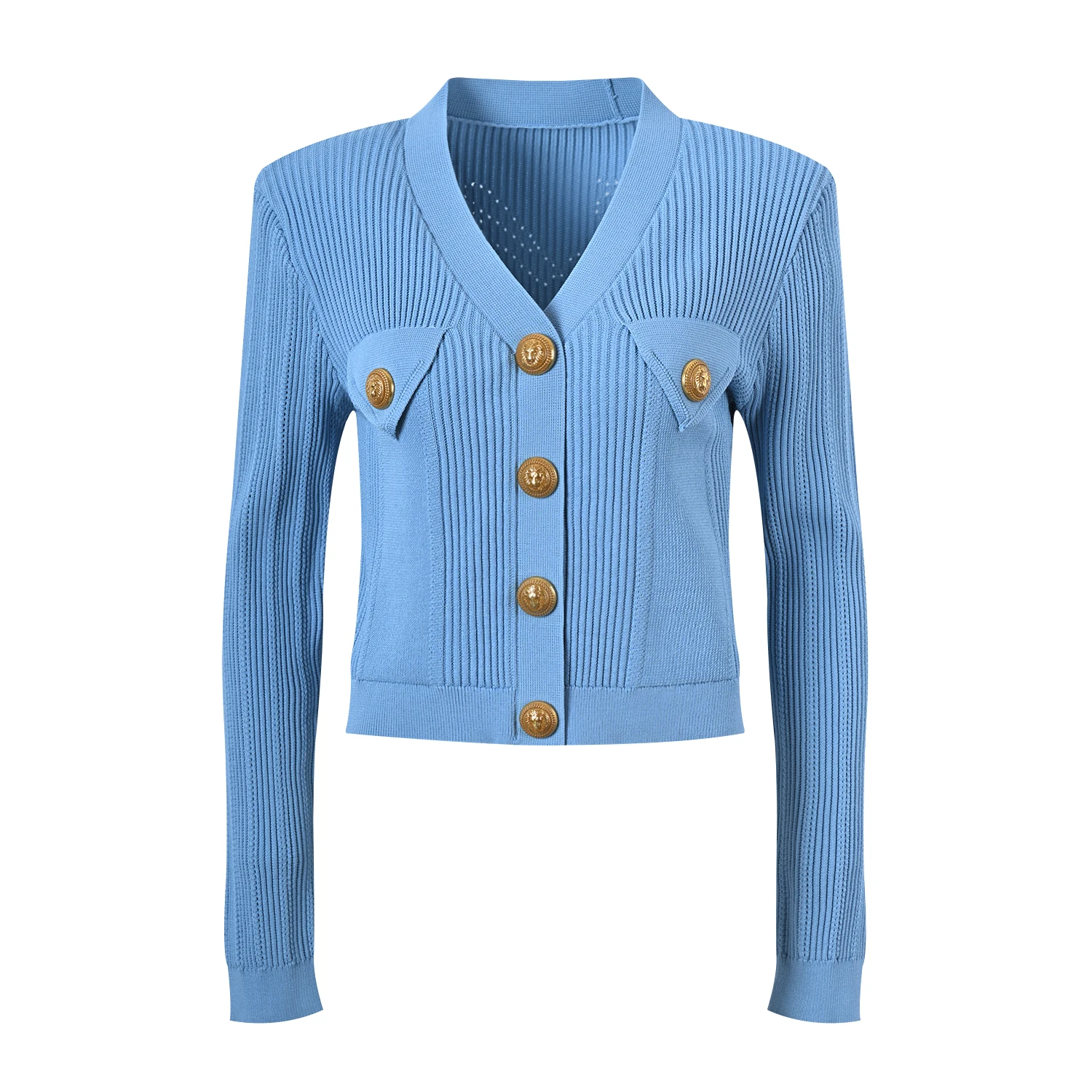 

High-End Parisian woman Sle Gold Bule V-Ne Slim Fit Long Sve ort Knitted Cardigan Women's Outerwear Top