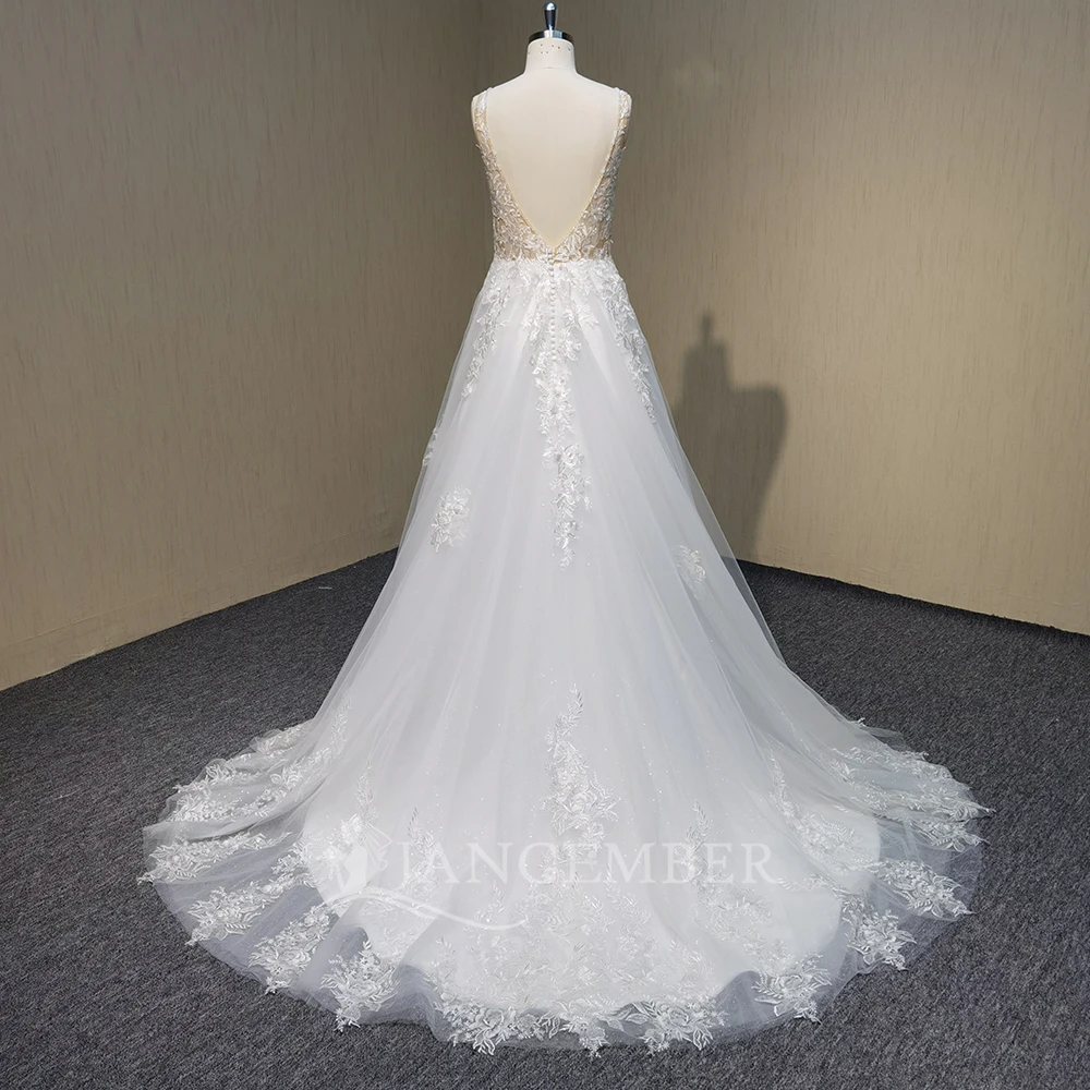 Customized A-Line Deep V-Neck Sleeveless Novelty Lace Tull Wedding Dress Backless Sweep Train Bridal Dress vestidos de novia