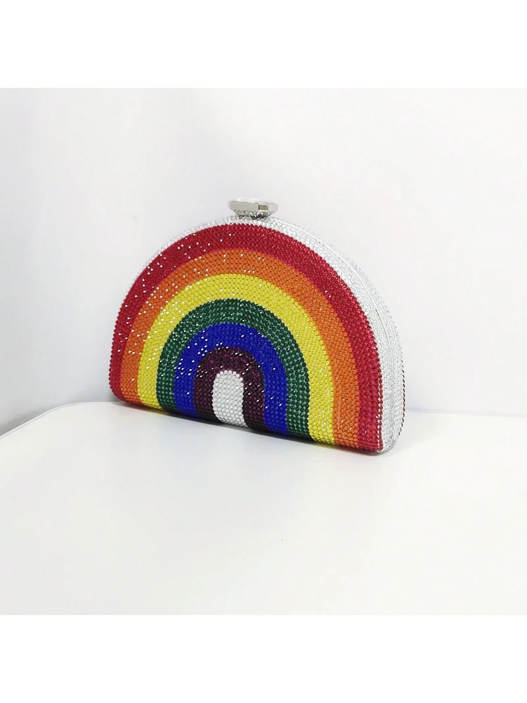 Regenboog Kleur Kristal Avond Clutch Bag Diamant Bruiloft Keten Tas Vrouwen Boutique Halve Maan Strass Portemonnees En Handtassen