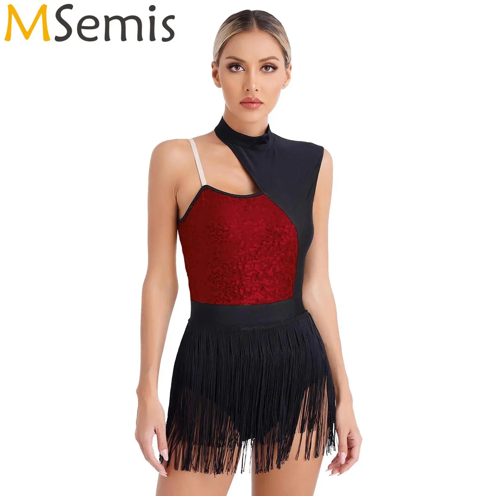 

Womens Irregular Sequins Leotard Tassel Bodysuit Latin Jazz Dance Leotards Dress Ballroom Rumba Salsa Samba Figure Skating Dress