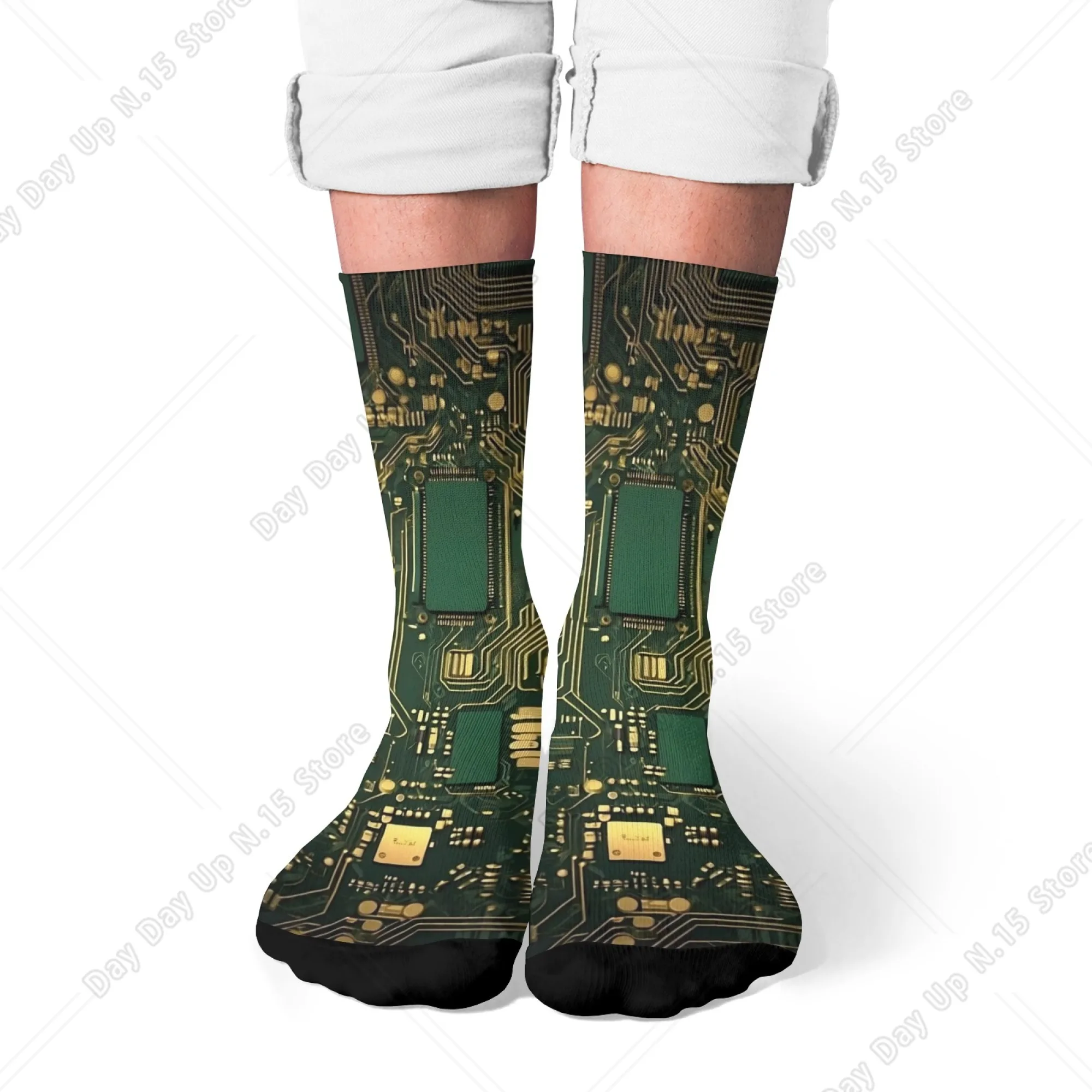 Novelty men's socks fun circuit board processor design soft breathable unisex personality hip hop trend crew socks casual sports