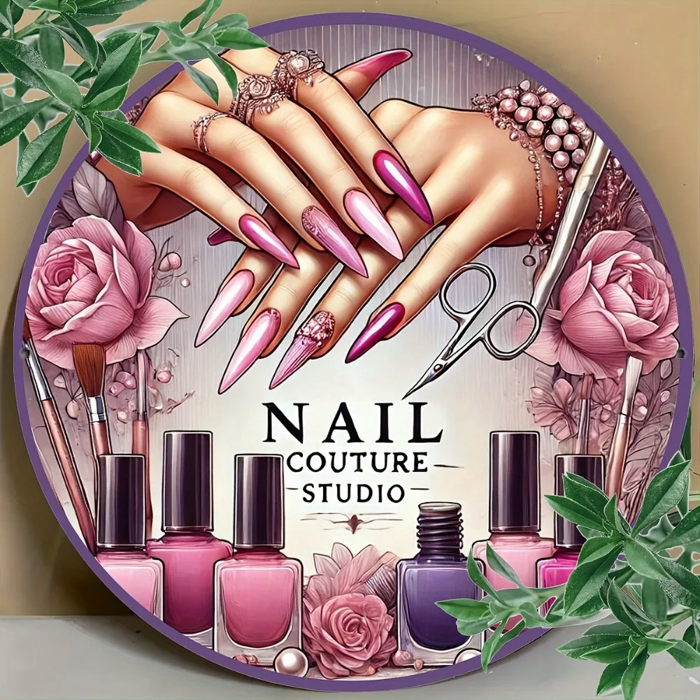 1 Stück 7,87 x 7,87 Zoll Vintage-Nagelkunst-Wanddekoration aus Aluminium – florale Maniküre, rosa Rosen, Perlen für Wohnzimmer, Schlafzimmer, Büro