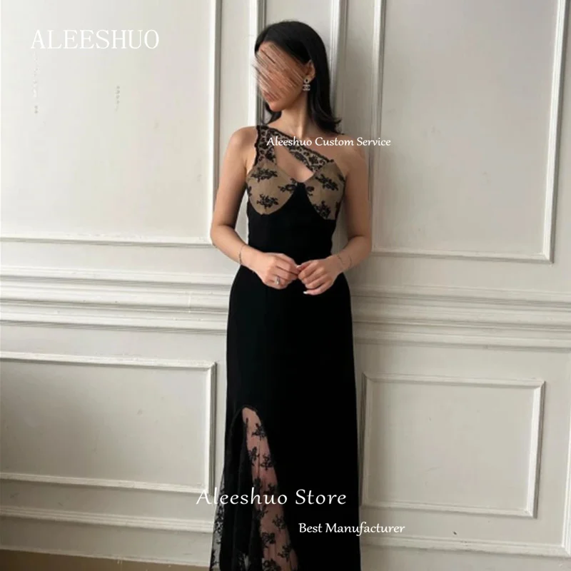 Aleeshuo-vestido De fiesta De encaje con Espalda descubierta, traje Sexy De una línea, un hombro, hasta el tobillo, sin mangas, plisado, ilusión