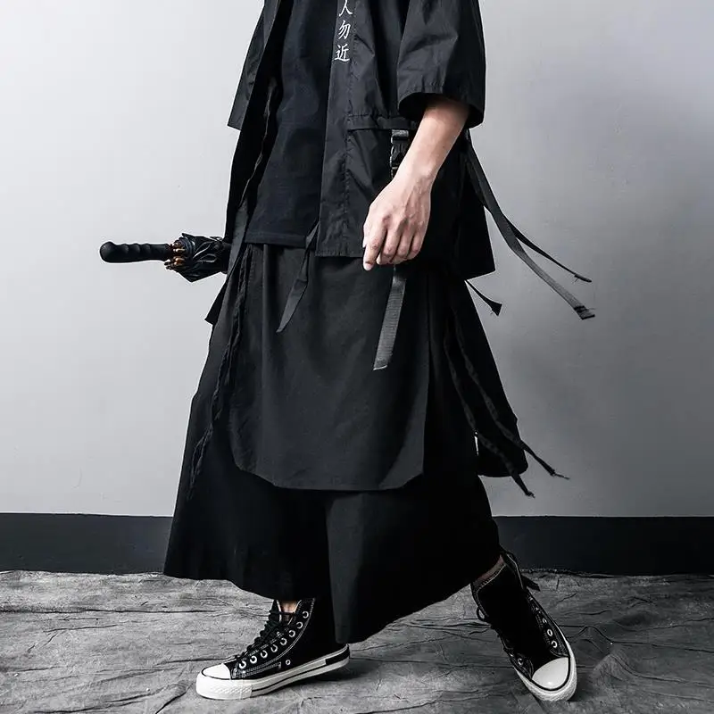 ARENS Techwear Wide Leg Pants Punk Gothic Black Trousers Male Goth Cotton Linens Summer Japanese Style Streetwear Hip Hop