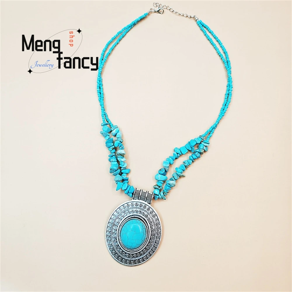 

Classic And Retro Turquoise Pearl Necklace Bohemian Ancient Silver Stone Jewelry Exquisite Fashion Jewelry Best Selling Elegant