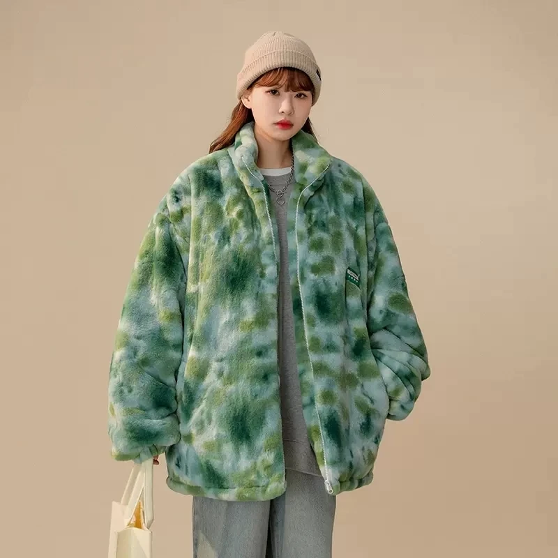 Hip Hop Winter Faux Fur Fleece Jacket Streetwear women Harajuku Tie Dye Heart Fuzzy Jackets Warm Coats 2023 Casual Zipper Coats