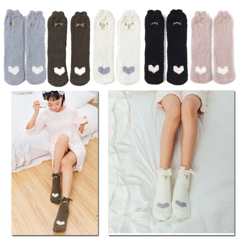 Soft Cartoon Cat Fuzzy Socks Cotton Thicken Kawaii Socks Winter Middle Tube Socks Women