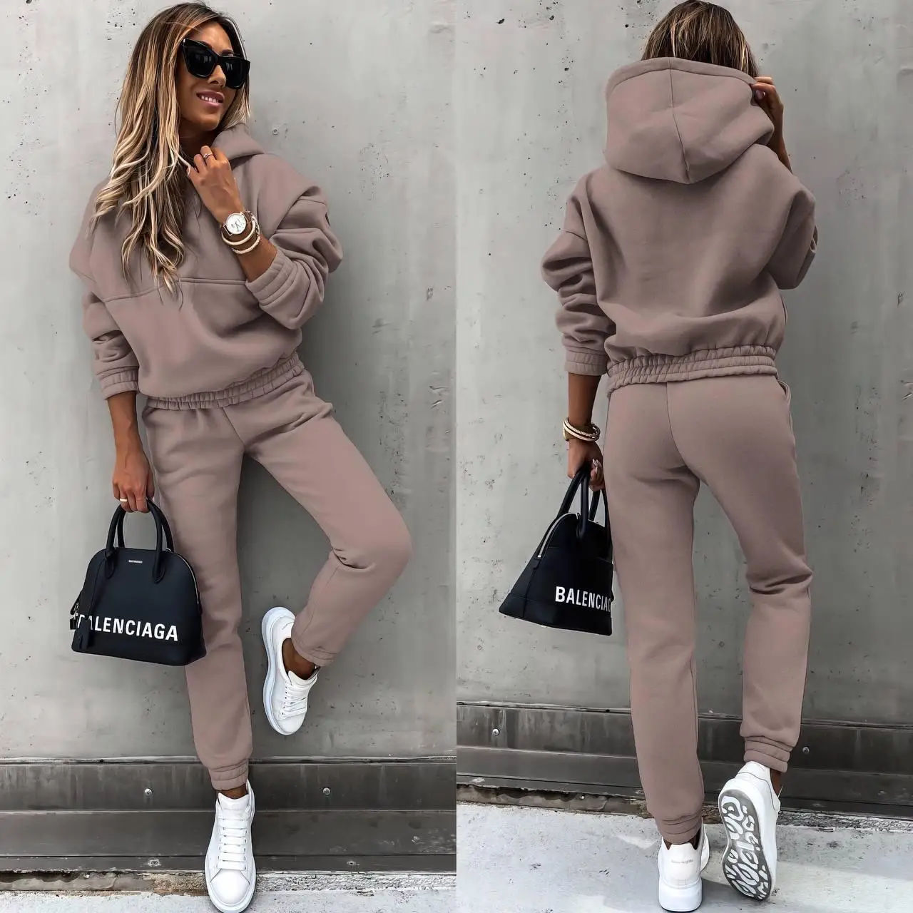 Hoodies Suit Autumn Winter Solid Casual Tracksuit Women Fleece 2 Pieces Set Sports Sweatshirts Pullover Jogger Sweatpants Outfit