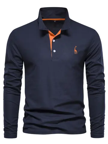 AIOPESON 2023 New Men's Deer Embroidery Polo Shirts Solid Color Long Sleeve Social Business Male