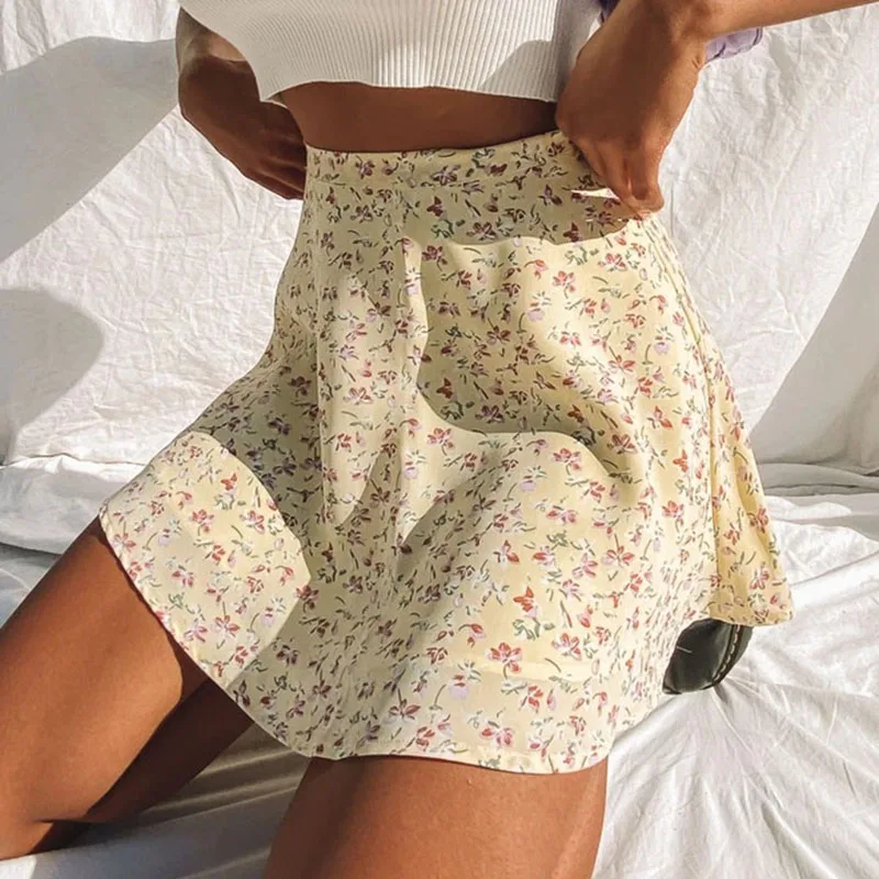 Women Floral Print A-Line Skirts Zipper High Waist Pleated Mini Skirt Female 2026 Summer Casual Holiday Beach Short Skirts