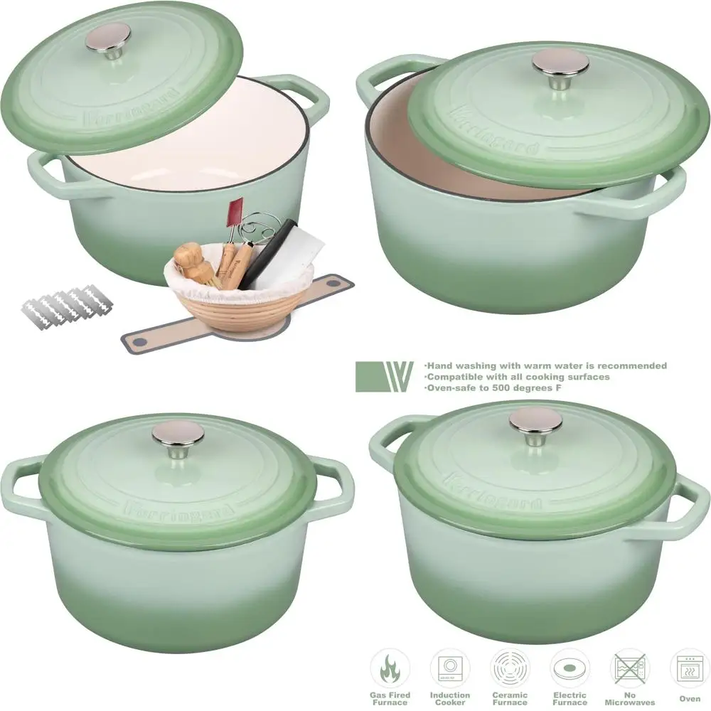 

Round 6-Quart Enamel-Coated Cast Iron Dutch Oven with Lid for Bread Baking, Including Sourdough Starter Kit