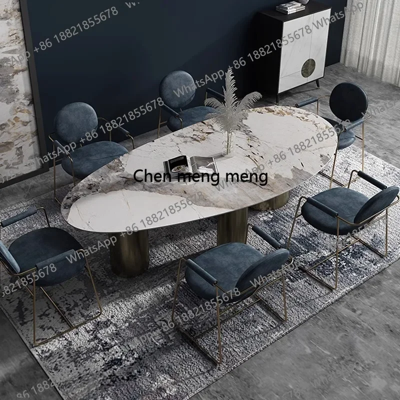 

Italian Luxury Stainless Steel Dining Table, Oval Imported Stone Tabletop, Trending Villa Home Design, Corrosion/Heat/Easy-Clean