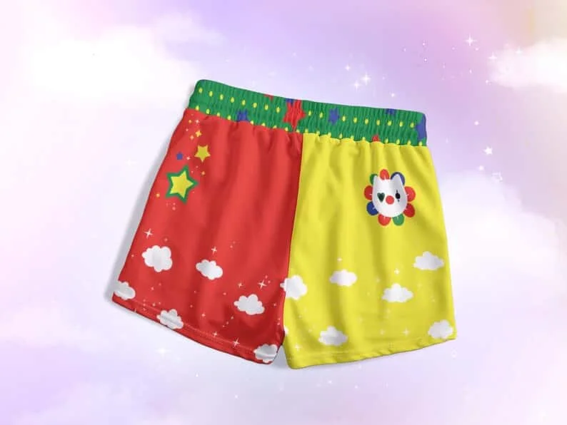 Cute clown cat shorts, Harajuku style clown shorts, contrasting colors, circus street fashion prints, loose quick drying shorts