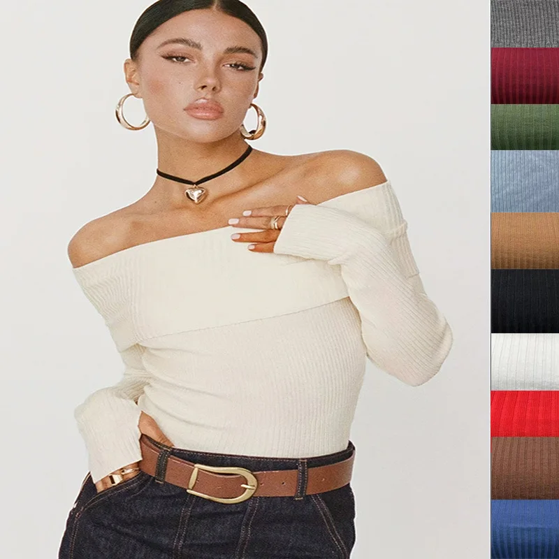 

Sexy Spicy Shoulder Bared Long Sleeve Knitted Sweater Women's Street Style Spring Fashion Slim Fit T-Shirt One Word Collar