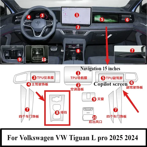 Для VW Tiguan L Pro 2025 2024, защитная пленка PPF, аксессуары для салона автомобиля, прозрачная навигационная панель из ТПУ, центральная консоль