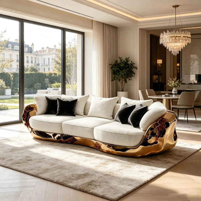 Luxury curved sofa, white fabric interior, electroplated fiberglass frame, art style sofa