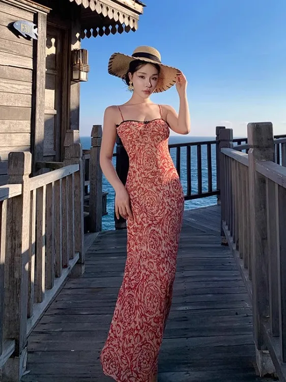 

Retro Print Ele Island Sle Slimming Long Dr Vaion Wear High Waist Polyester Summer Beach Holiday Faion Dr