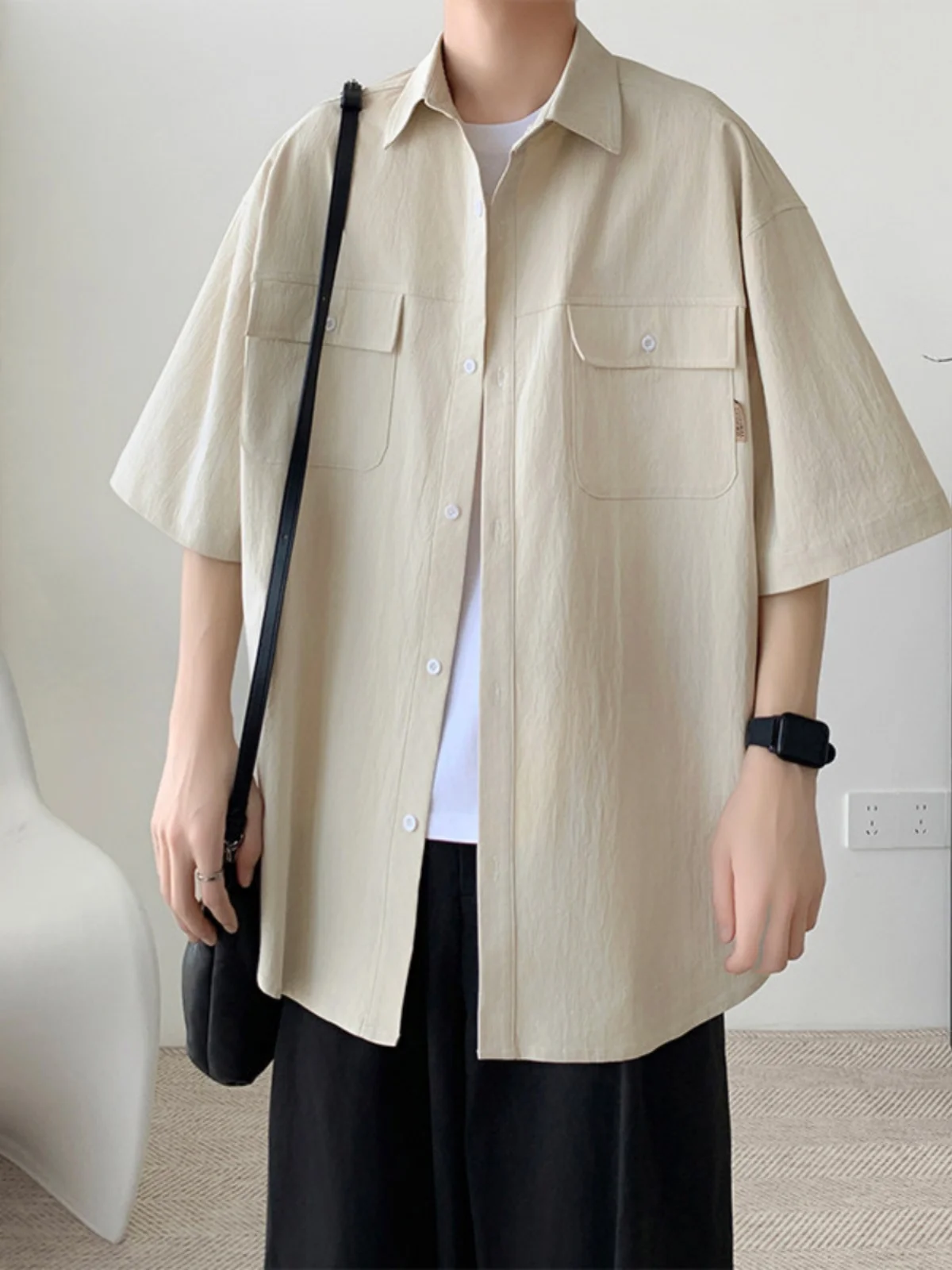 

Мужская повседневная рубашка цвета хаки с рукавом 3/4 в стиле барокко, дышащая, легкая, летняя, модная, брендовая, в уличном стиле