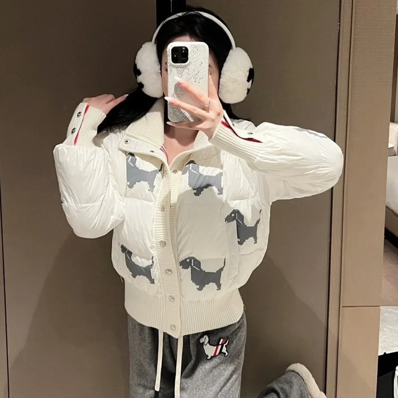 Bonito cão impressão coreano para baixo jaquetas botão high street curto parkas de manga comprida casual casacos de algodão moda para baixo casacos para mulher