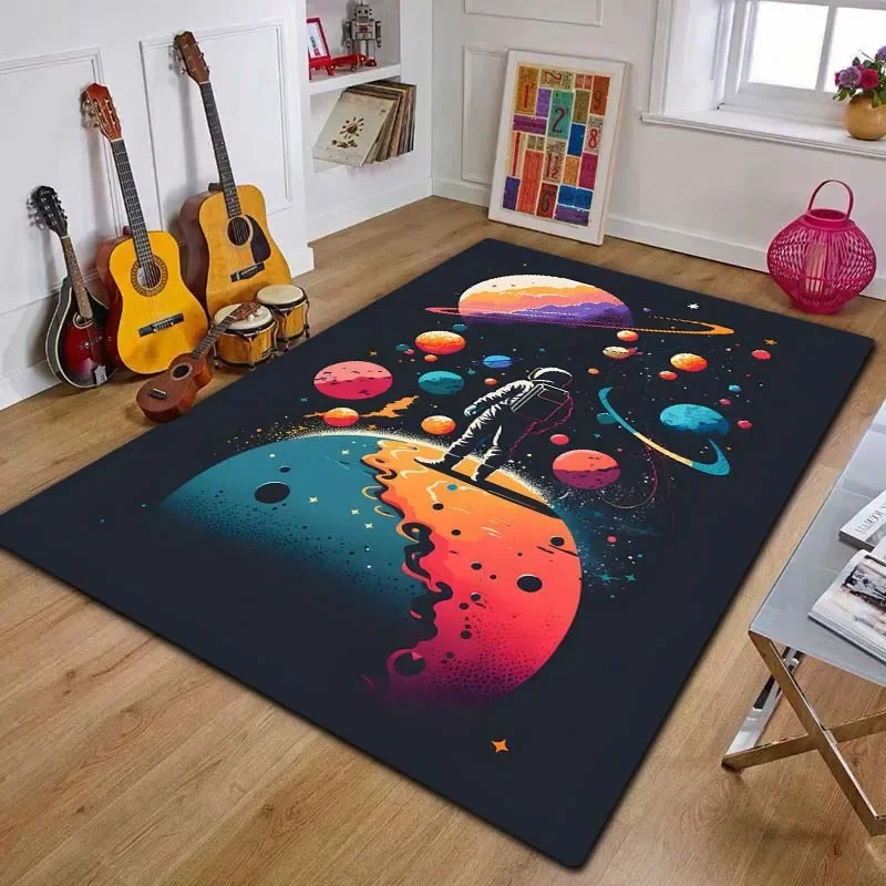 Galaxy Planet Astronaut Graphic Print Flannel Area Rug Non-Slip Floor Mat For Bedroom Living Room Cosmic Space Home Decor Gift