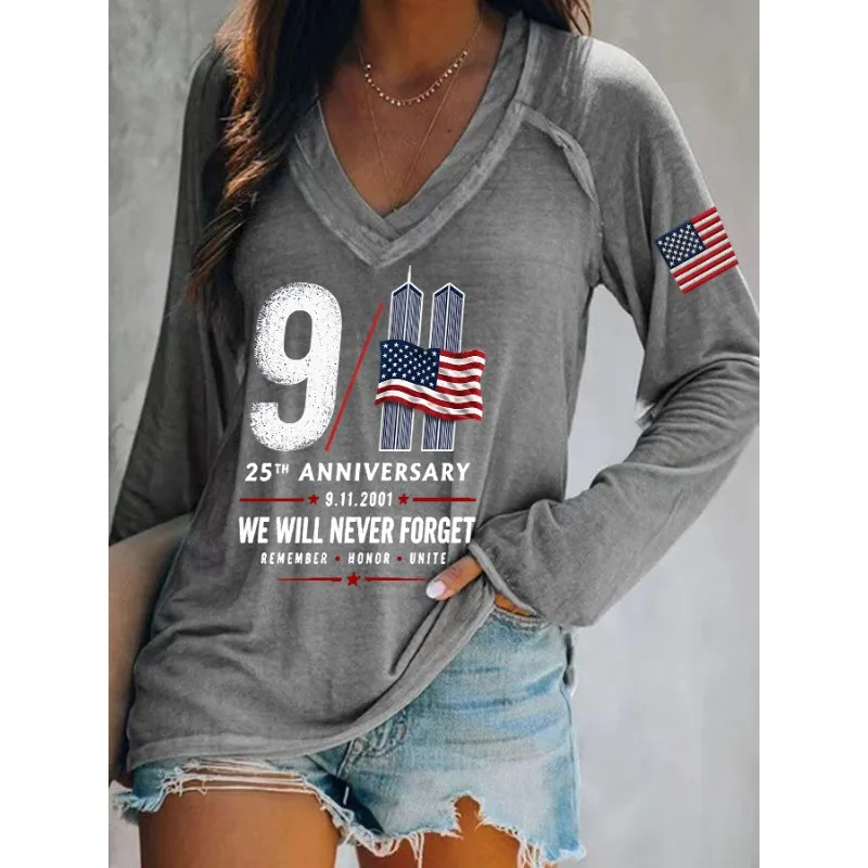 ilstile Women's America Anniversary We Will Never Forget Print T-Shirts Spring Summer Long Sleeve Casual Loose V Neck Tops Tees