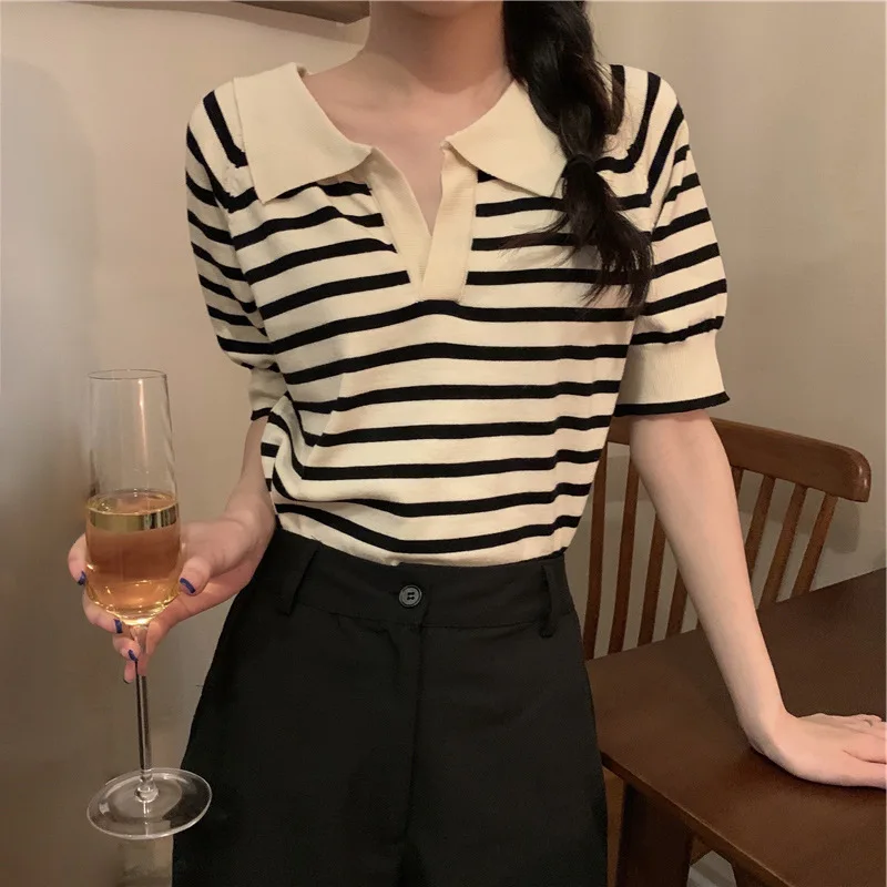 حجم كبير بالإضافة إلى حجم المرأة بولو الرقبة مخطط قصيرة الأكمام تريكو الصيف التخسيس الأعلى للفتيات الثقيلة XXL XXXL 3XL 4XL كبير...