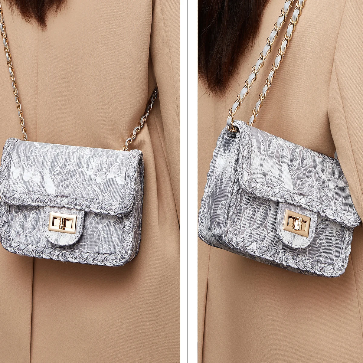 FOXER Luxury Floral Embroidery Crossbody Bag for Women – Elegant Chain Shoulder Bag with Turn-Lock Clasp– Perfect Gift