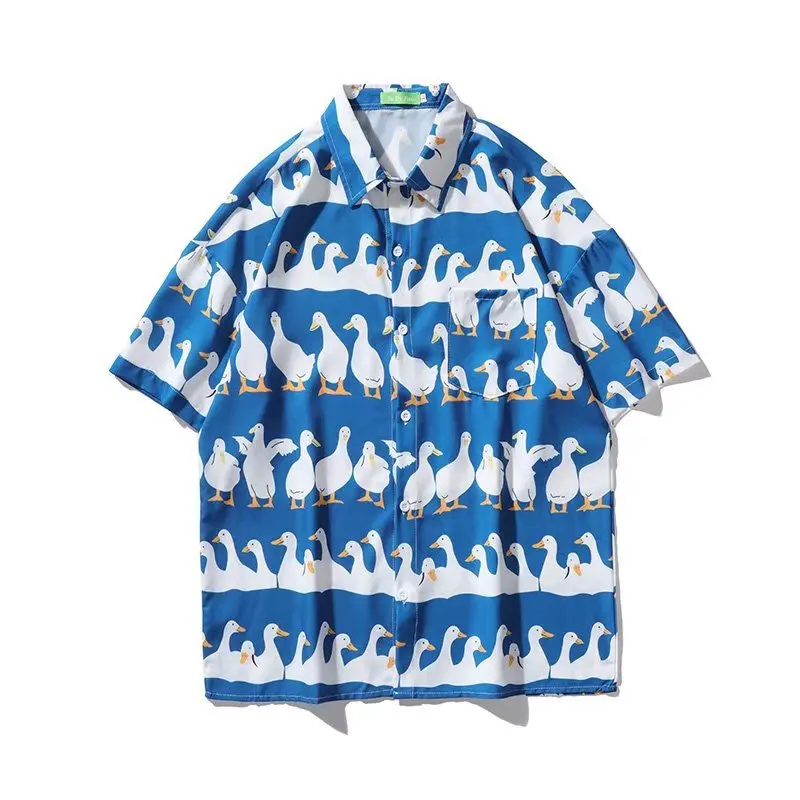 Mens Harajuku Beach Hawaiian Shirt Little White Goose Print Short Sleeve Shirts Hip Hop Streetwear Summer Blouse Tops Mens Suit