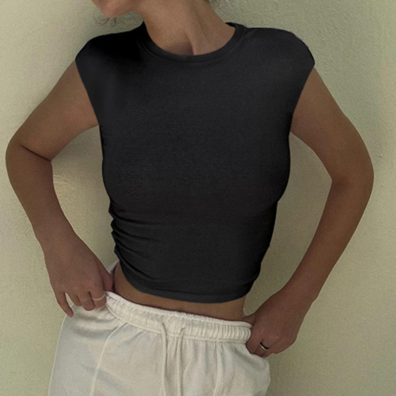 Cuteandpsycho Backless Basic Crop Shirts Crewneck Short Sleeves Solid Fashion Korean Slim Tops Streetwear Estetyczna szykowna koszulka z lat 90.