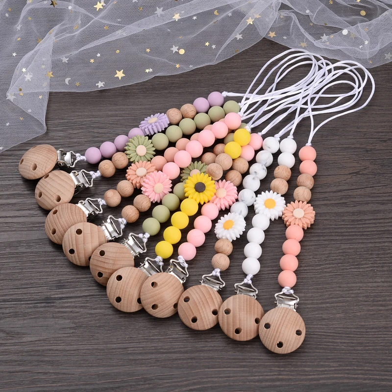 Handmade Wooden Baby Pacifier Clip Silicone Round Beaded Dummy Holder Strap For Appease Soother Chain Nursing Teether Toys Gifts