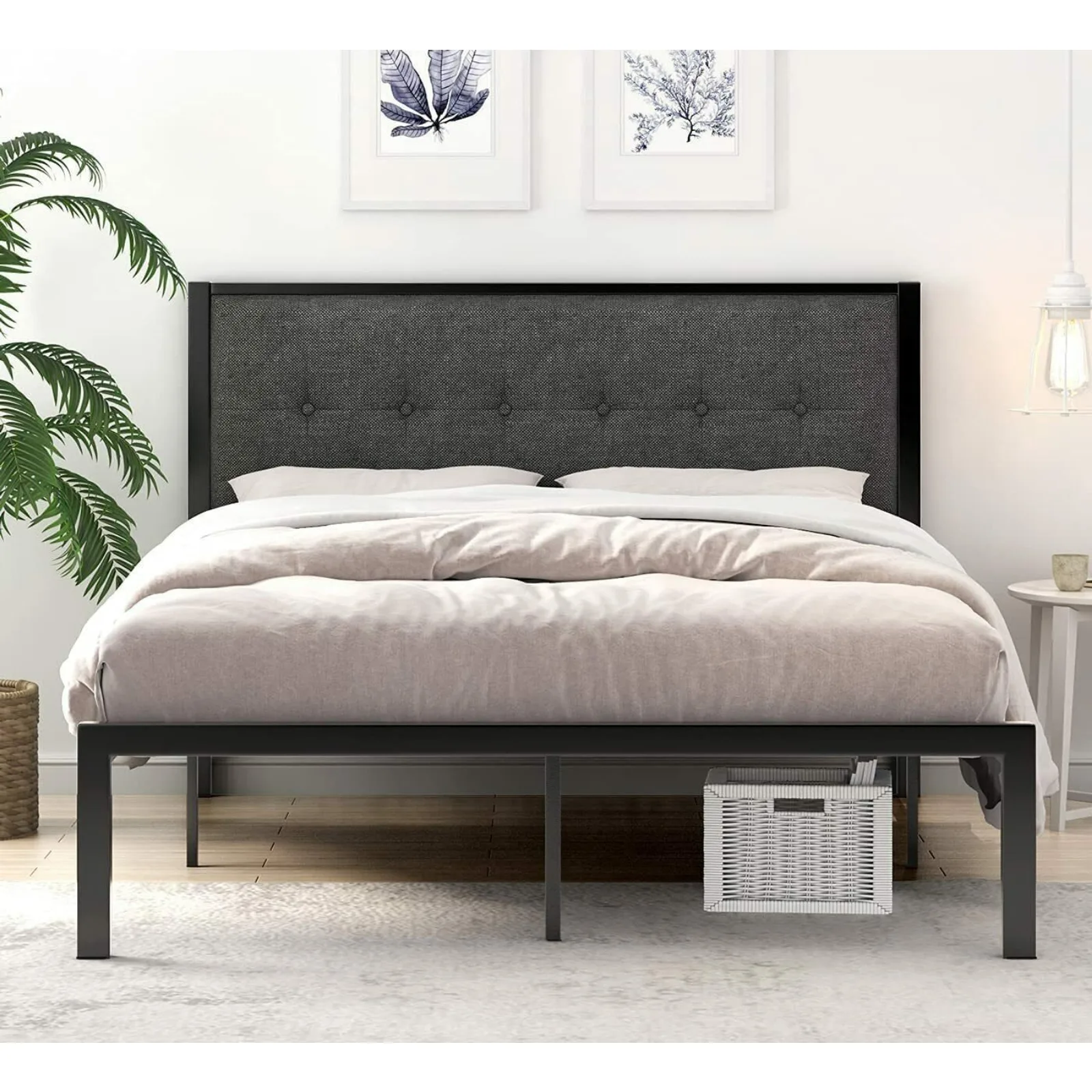 US Full-size bedstead with interior buttons Taft headboard, dark gray-