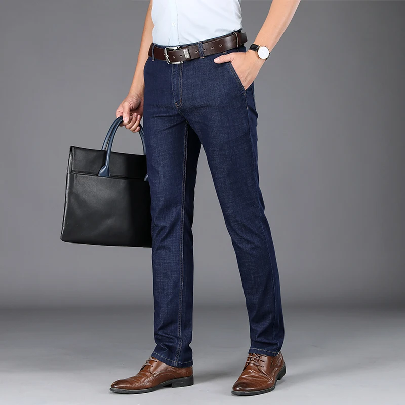 TFETTERS Business Jeans Men Pants Fashion Straight Solid Comfortable Thin Men Pants New Elastic Regular Smart Casual Denim Jeans