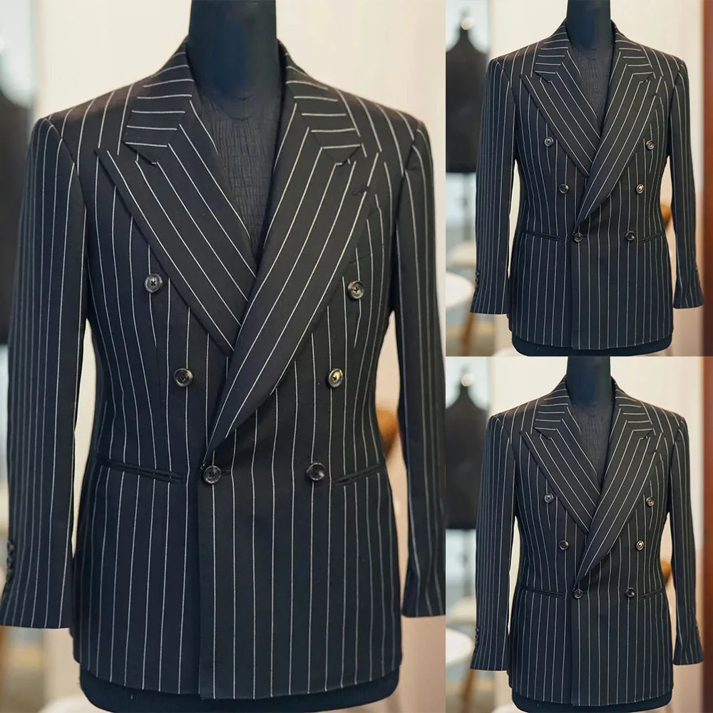 

Black Pinstripe Men Suits One Piece Blazer Coat Jacket Tailored Double Breasted Formal Business Work Groom Causal Prom Casual