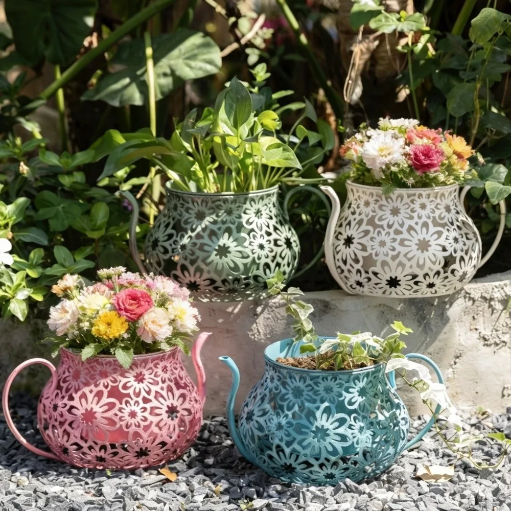 Creative Retro Hollow Teapot Flowerpot Wrought Iron Double Layer Flower Pot Floral Cutout Vintage Flowerpot Balcony