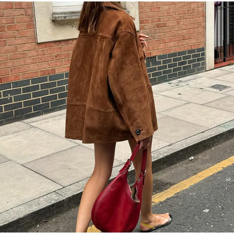 Vintage Brown Suede Leather Blazer Lapel Casual Single Breasted Loose Pocket Women Jacket 2024 Fall Fashion Commute Street Coats