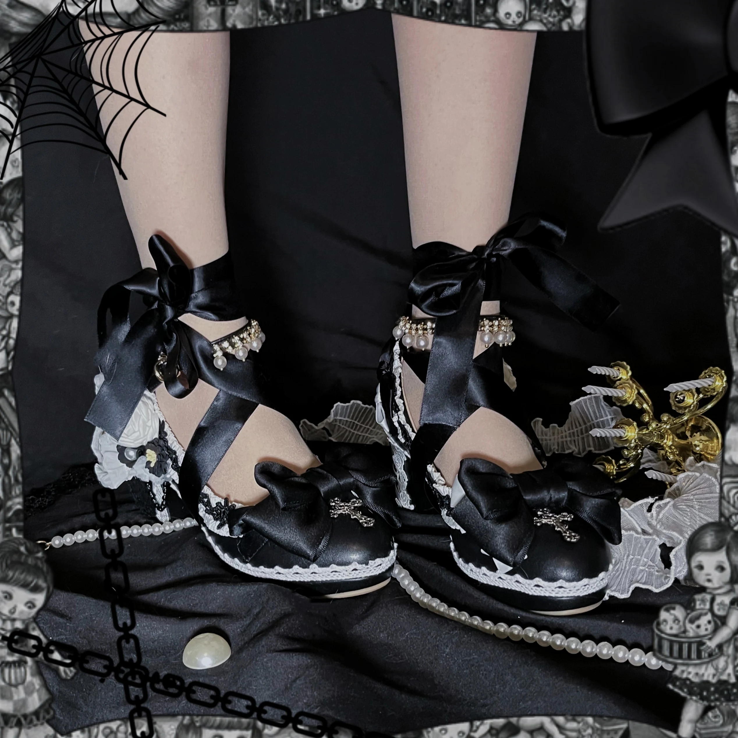 

[Original] Lolita Hand-Made Mid Heel Sweet Cool Black and White Sub-Culture Cute round Chunky Shoes