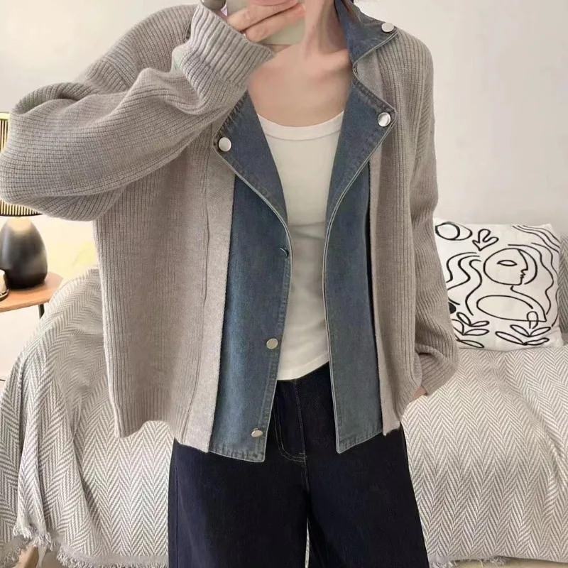 

OCEANLOVE Autumn Winter Women Sweaters Denim Patchwork Thick Cardigans Fake 2 Pieces Korean Fashion Warm Retro Sueter Mujer