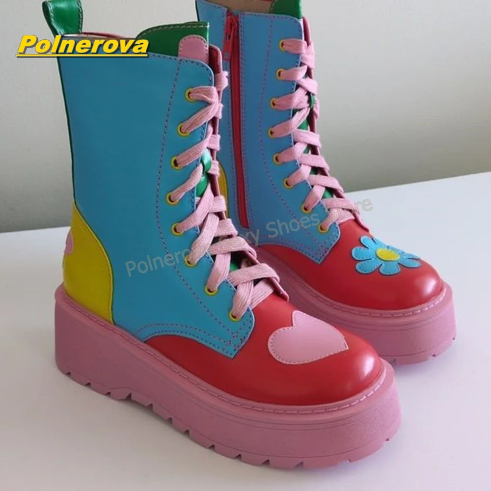 Rainbow Color Heart Platform Ankle Boots Women Lace Up Side Zip Combat Boots Y2K Festival Sweet Daily Street Fashion Footwear