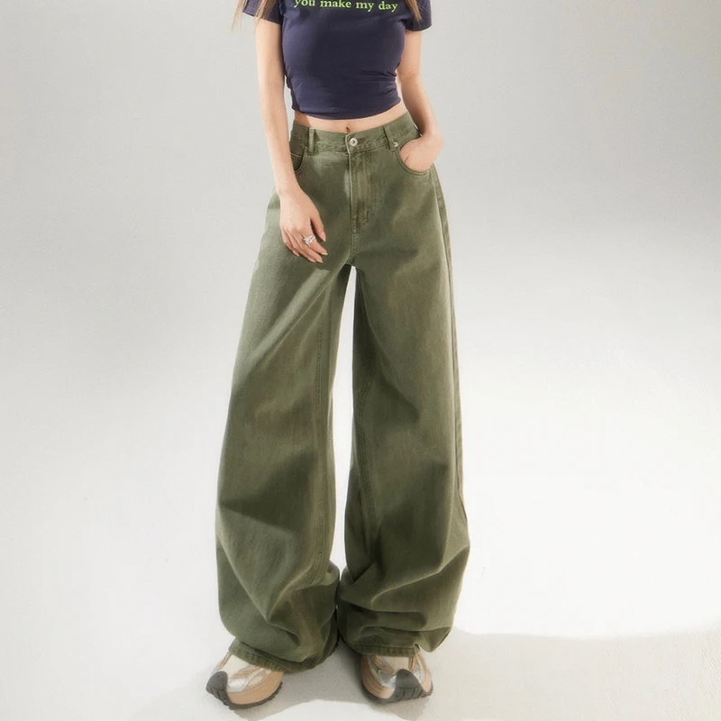 KSTUN Women's Jeans Green Wide Leg Denim Pants High Waist Straight Loose Streetwear Fashion Woman Khaki Jeans Female Baggy Pants
