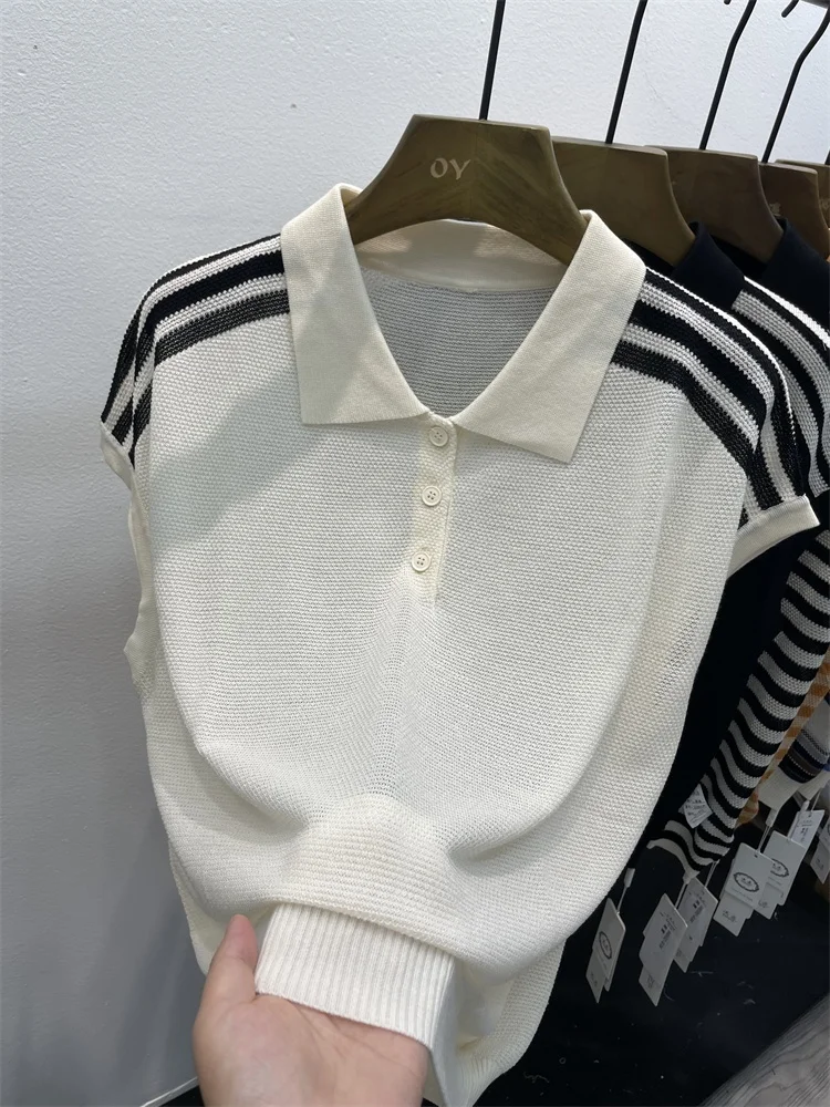 Été nouveau grande taille femmes Ne épissure couleur glace soie ort Sve t-shirt bouton Faionable réduction de l'âge Svel...