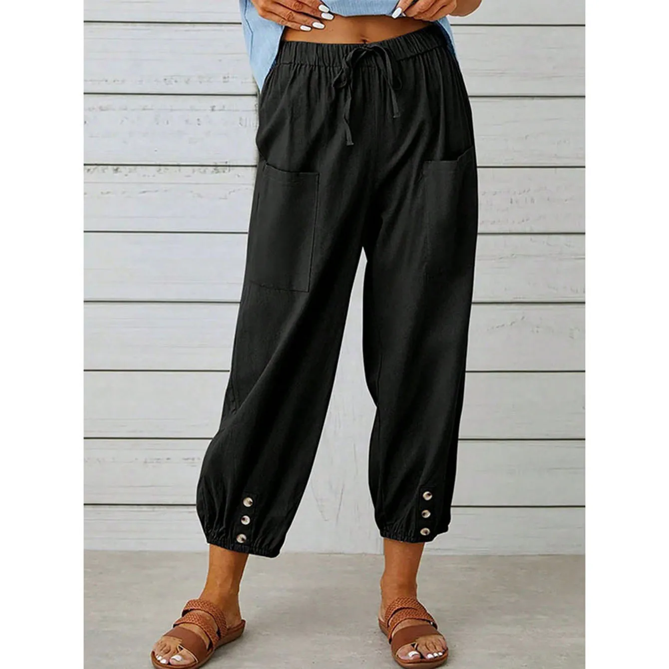 

Ladies' spring and summer pure color fashionable casual easy-matching drawstring cropped pants