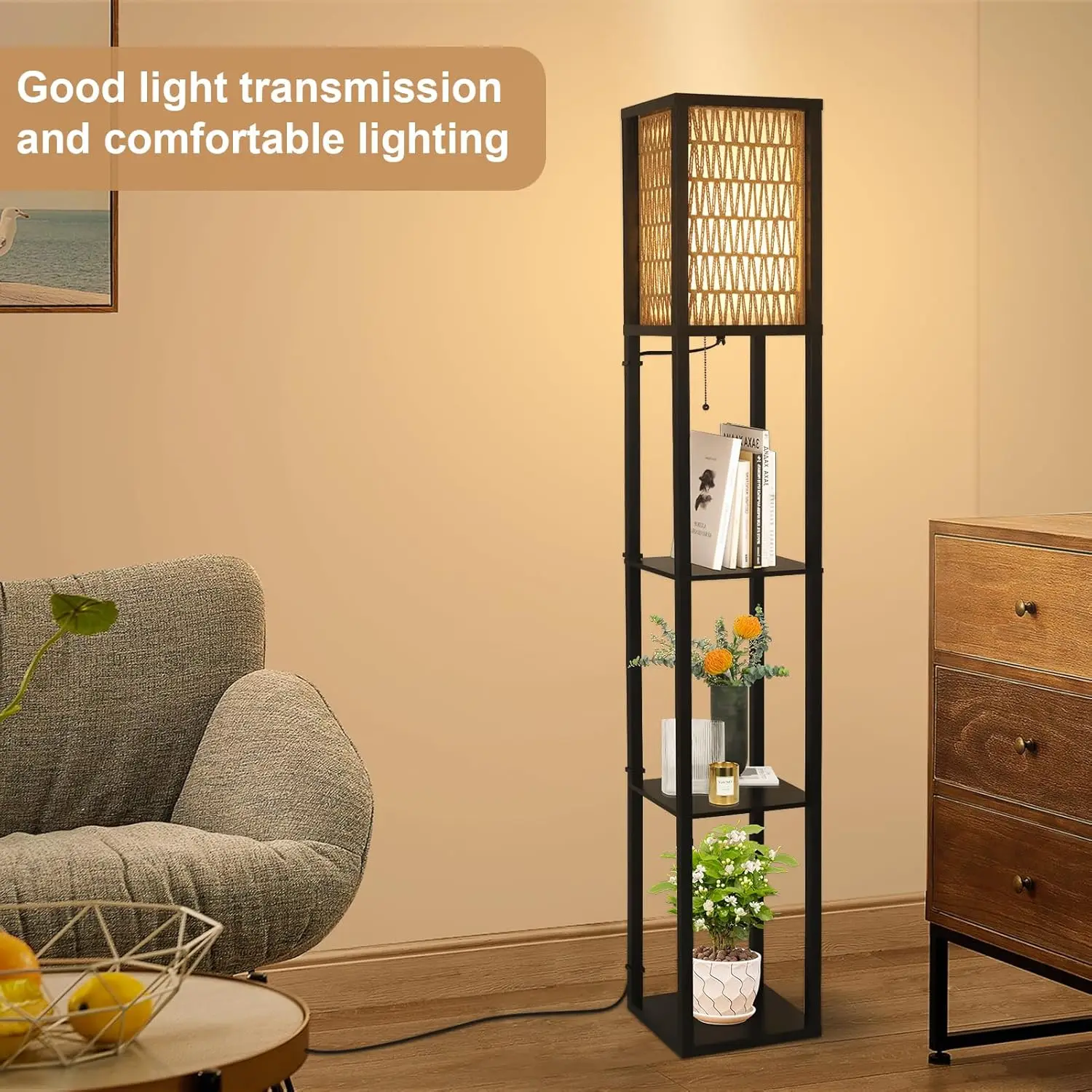 Floor Lamp With Shelves, Corner Floor Lamps For Living Room, Boho Floor Lamp With Led Bulb & Double Shades, Rattan Standing