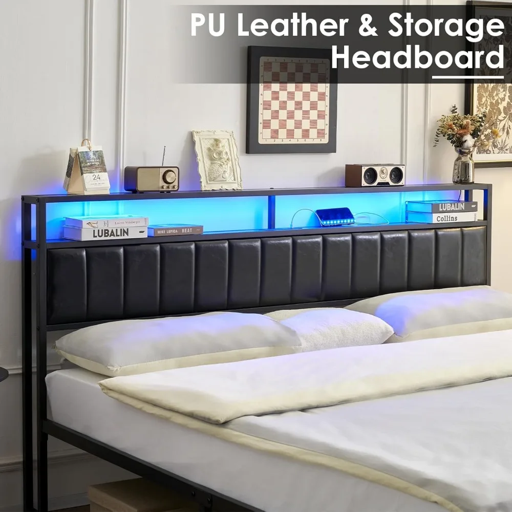 Platform Bed Frame, LED Bed Frame with PU Leather & Charging Station, 2-Tier Storage Headboard/No Box Spring Needed/Noise Free