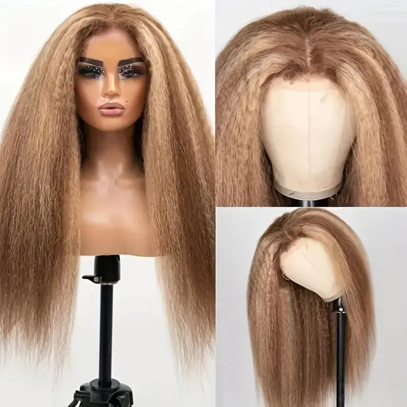 Kinky Straight 13X4 Highlight Ombre Lace Front Wigs P4/27 Honey Blonde Human Hair Yaki Straight Lace Frontal Wigs With Baby Hair