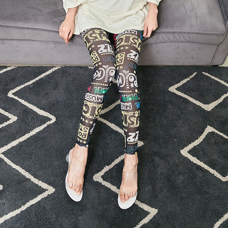 

Printed Graffiti Gauze Leggings New Sexy Gauze High Stretch Tight-fitting Leg Pants Thin Letter Printed Small Foot Pants