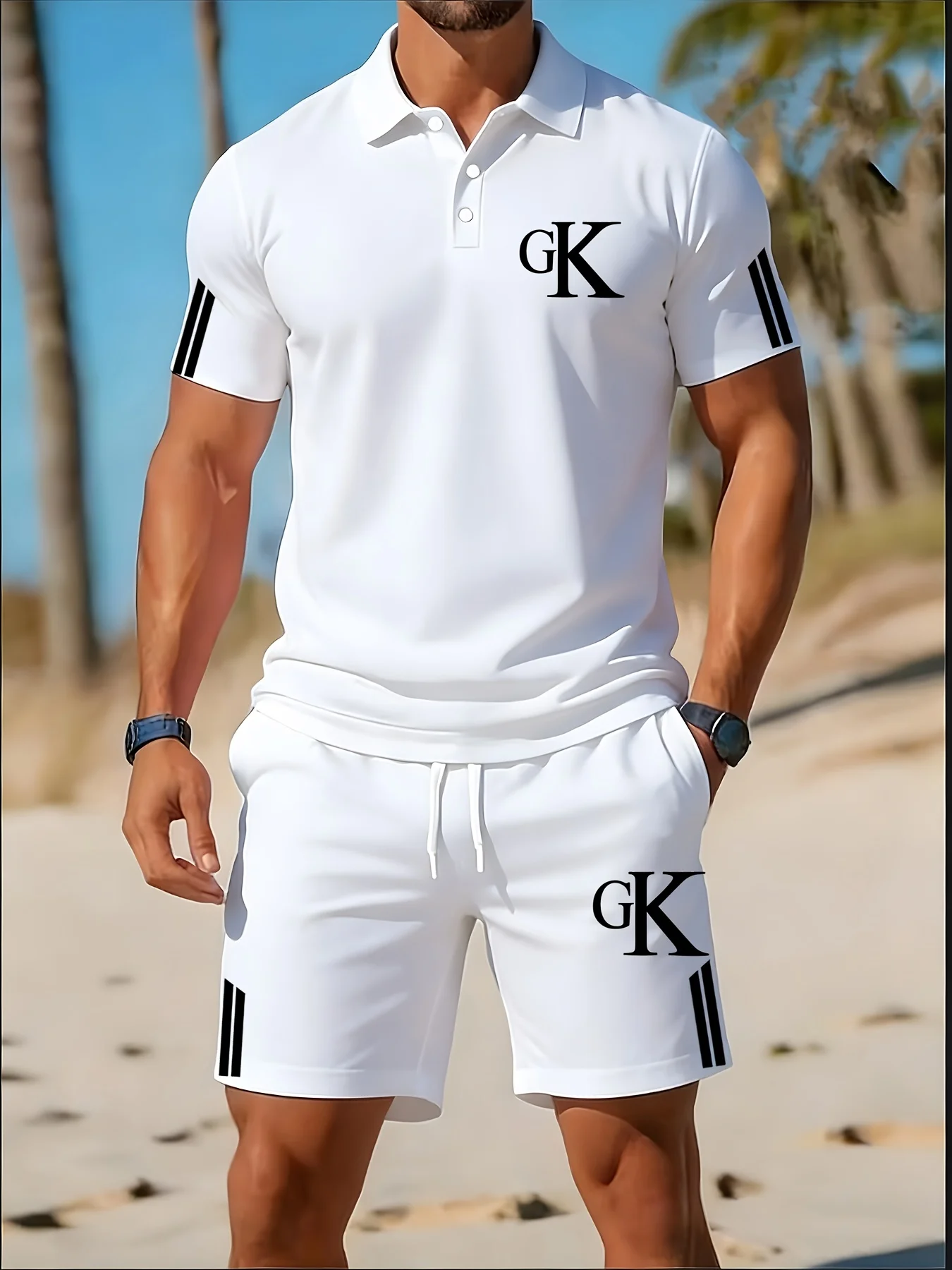 

Men's Two-Piece Set: Pure White Striped Sleeve T-Shirt with Drawstring Casual Shorts for Outdoor Sports Wear