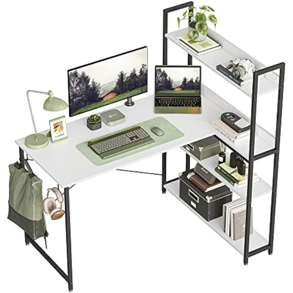 

Computer Corner Desk with Storage Shelves, 47 Inch L Shaped Desk with Bookshelf, Home Office Writing Desk with Hooks