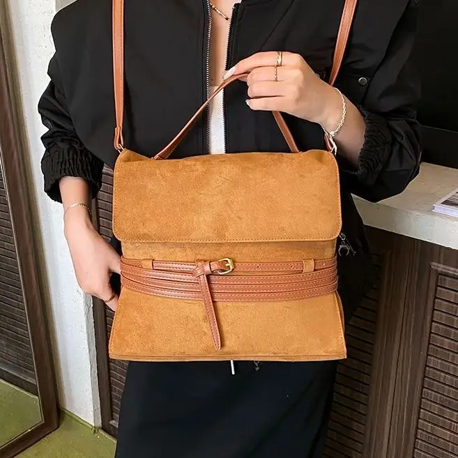 

JIAERDI Retro Leather Belt Wrapped Design Backpack Women Suede Large Capacity Handbag Ladies Multifunction Commute Crossbody Bag